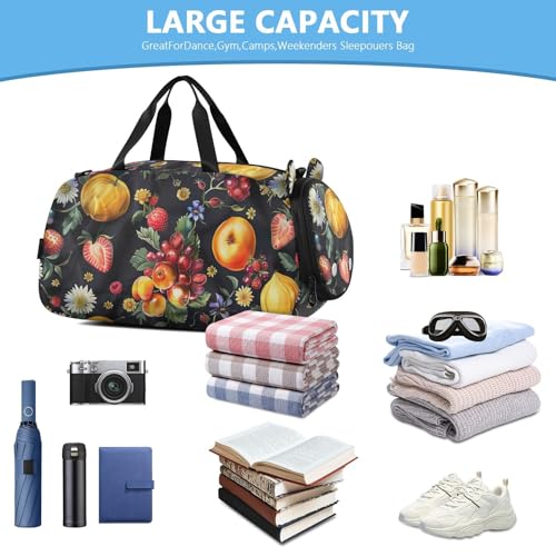 Fruit Pattern Black Duffle Bag for Girl, Sports Duffle Gym Bags with Shoe Compartment, Personalized Overnight Bag Travel Weekender for Kids4