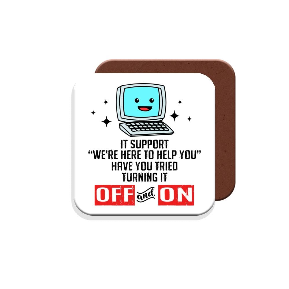 Muggz Coaster Gift For Computer Technician - It Support “We're Here To Help You” Have You Tried Turning It Off And On? - Giftset - Made By In The Uk