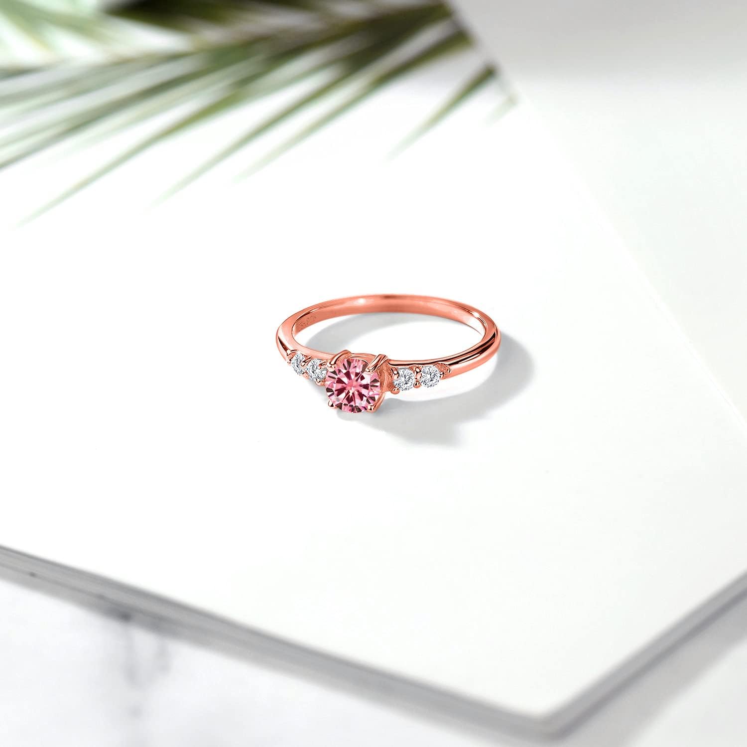 Gem Stone King 18K Rose Gold Plated Silver 5MM Round Gemstone Birthstone and White Lab Grown Diamond Engagement Ring | Wedding Anniversary Promise Ring For Women | Available In Size 5, 6, 7, 8, 9