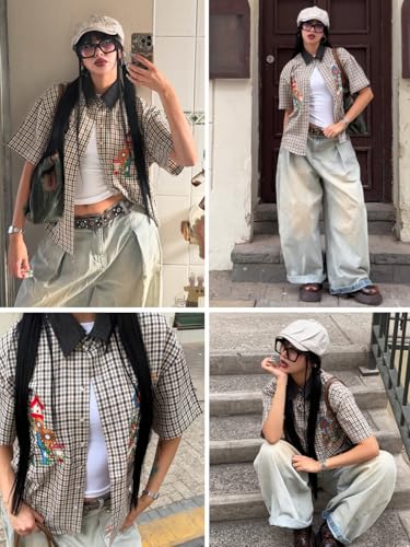 Aelfric Eden Shirts Plaid Embroidery Short Sleeve Shirt Casual Graphic T-Shirts Men Button Down Tee Tops Oufits2