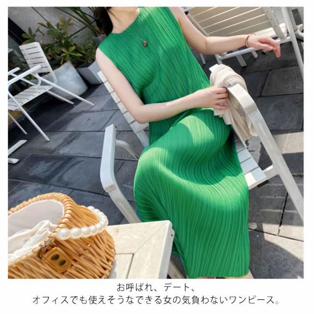 プリーツプリーズ　ロングワンピース　夏　ノースリーブ　抹茶色　グリーン　緑 3 Amazon.co.jp: ワンピース 夏 レディース プリーツワンピース