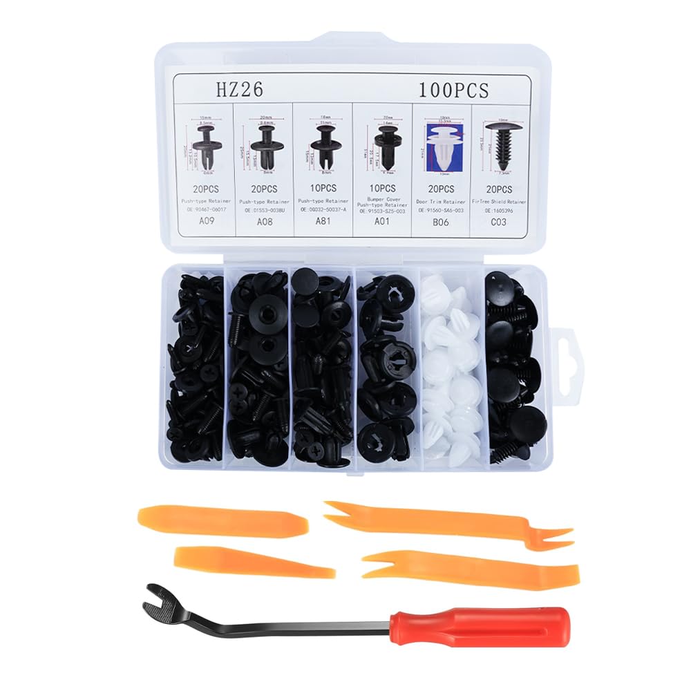 Clips de voiture universels : coffret complet de 100 pièces avec outils de démontage robustes