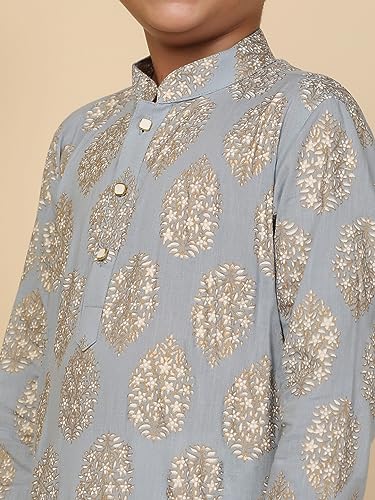 Image of KISAH Kid's Full Sleeves Cotton Blend Knee Length Printed Sky Blue Kurta Patiala Set (3-4Y)