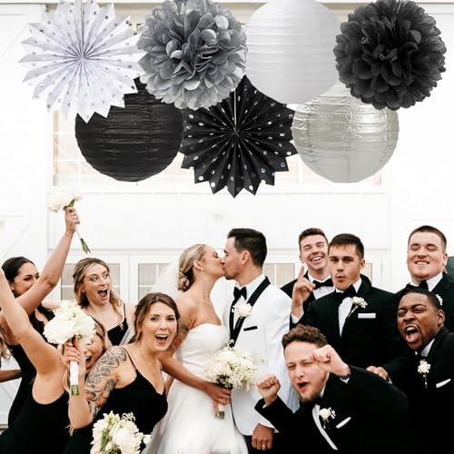 Image of Black White Silver Party Decorations - 20pcs New Year Men Birthday Paper Lanterns Fans,Tissue Pom Poms,Honeycomb Balls,Bunting,Wedding Bachelorette Bridal Graduation Baby Decor Burgleda