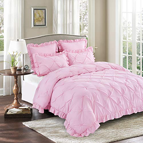 Hig 5 Piece Comforter Set Queen-Pink Color Microfiber Pinch Pleat Scallop Fringe-Hania Bedding Collection Queen Size-Soft, Breathable,Fade Resistant-1 Comforter,2 Standard Shams,2 Euro Shams #TOP16