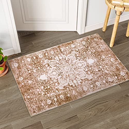 Beeiva Medallion Small Entryway Area Rug, 2X3 Brown Washable Kitchen Rug Non Slip Entry Rugs For Inside House, Vintage Distressed Doormat Non-Shedding Throw Rug For Bedroom Entryway Bathroom #TOP5
