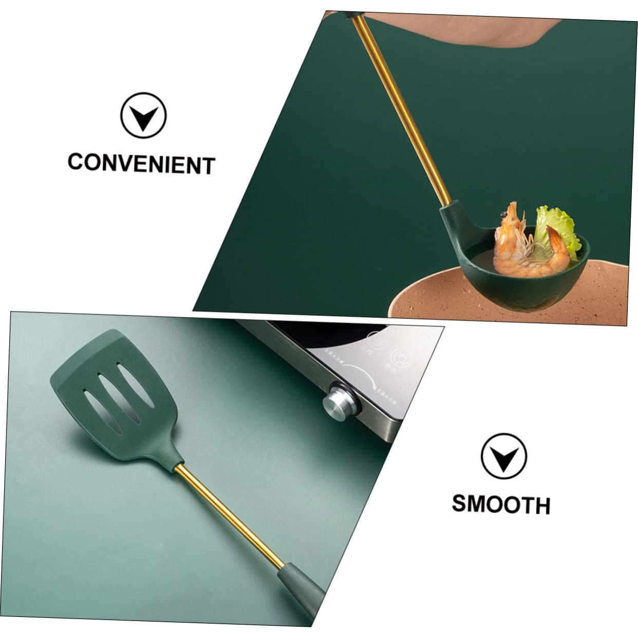 COLLBATH Utensili da Cucina in Acciaio Inox Manici Comprende Spatola Cucchiaio e Scolapasta Resistente e Antiaderente