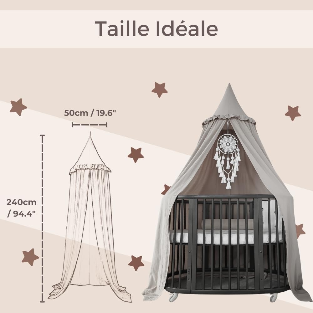 Wonder Space Ciel de Lit avec Volants pour Enfants, Couleur Neutre Pastel, Frills Tente en Coton, Salle de Pépinière et Rideau de Lit Bébé Suspendu, Moustiquaire Décoratif Coin Lecture (Gris)