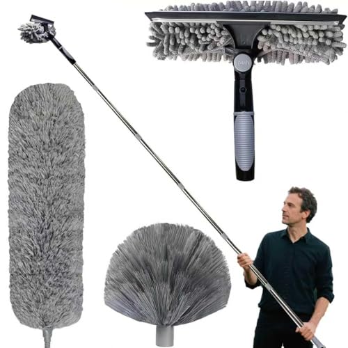 Plumeau Telescopique 6m, Tete De Loup Telescopique avec Extension RéGlable 1.5-6m, Balai AraignéE Tete De Loup Telescopique, Raclette De FenêTre, TêTe De Plumeau en Chenille pour Plafonds, Stores