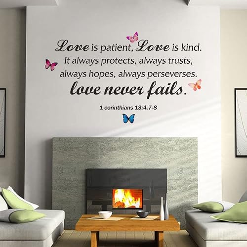Bible Verse Words Wall Decal Sticker, Love Is Patient Love Is Kind Love Never Fails Corinthians 13:4-8 Butterfly Decor Christian Religious Scripture Quotes Vinyl Wallpaper Mural For Home Church #TOP4