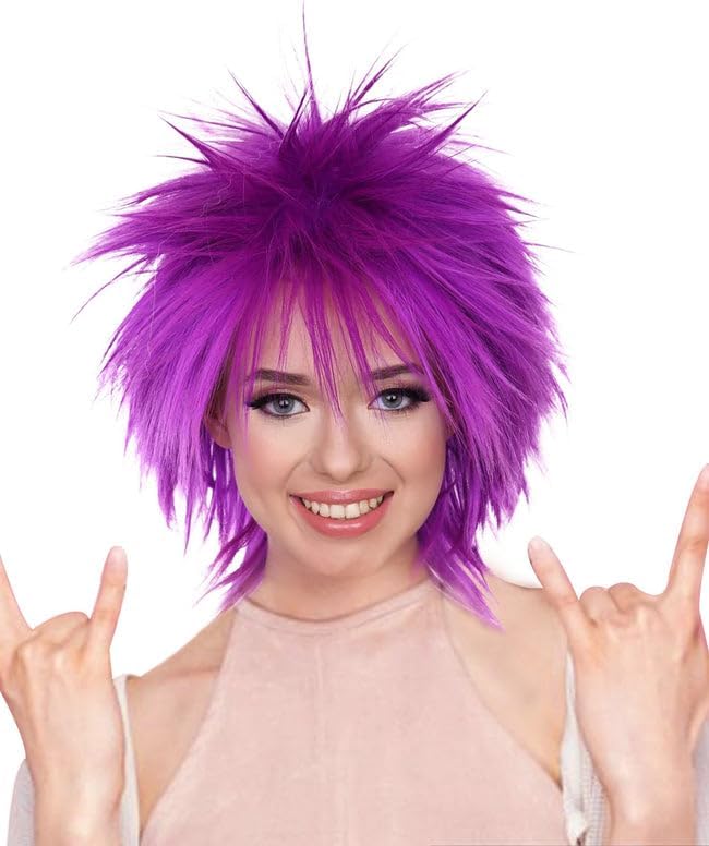 80's Rock Star Disco Women's Wig - Premium Breathable Capless Cap - Straight Texture Spiky Style 80s Synthetic Fiber Wigs for Halloween, Cosplay, and Parties, Neon Purple