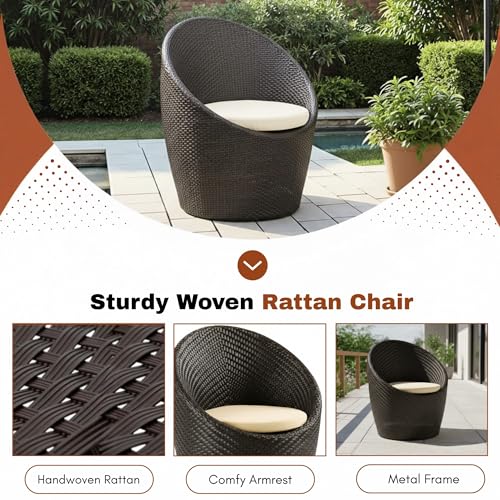Image of DEVOKO Liora Outdoor Conversation HDPE Wicker Furniture Set with Cushions & Coffee Table for Small Space, Garden, Backyard, Porch, Pool (Dark Brown & Cream)