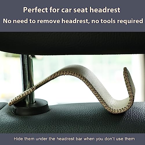 Image of Amooca Car Seat Headrest Hook 4 Pack Metal Core Hanger Universal Car Storage Organizer for Handbag Purse Coat S Type Leather Beige