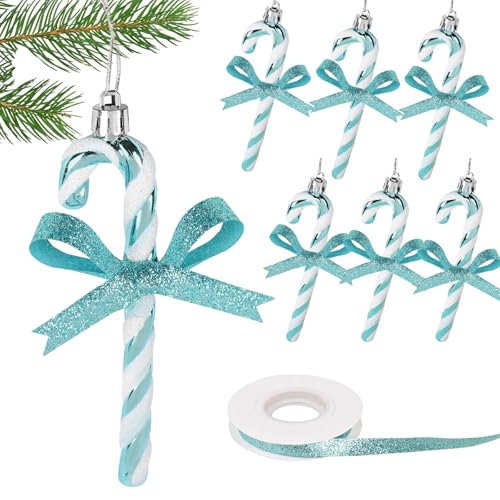 6pcs Bastón Caramelo con Purpurina Navidad + 1 Rollo Cinta Azul Colgante Árbol Navidad Adorno Decoración Navideño