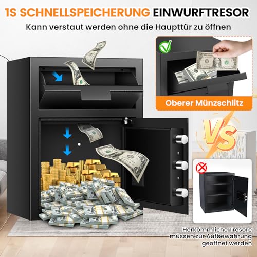 52L Tresor mit Einwurfschlitz, Elektronischer Sicherheitstresor mit Feuerfester Tasche, Schlüssel, Zahlenschloss, Diebstahlschutz Alarme&Stumm, Digitaler Deposittresor für Einzelhandel Zuhause