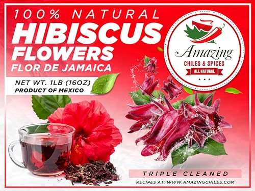 Hibiscus Flowers 1lb (16oz) &ndash; All Natural, Triple Cleaned - Whole Soft Flowers and Petals - Flor de Jamaica. Great for Hot or Iced Tea and Agua Fresca. By Amazing Chiles and Spices