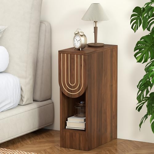 weselon Narrow Nightstand, Mid-Century Modern Bedside Table with Carved Drawer
