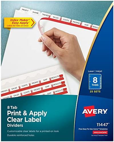 Avery 8-Tab Binder Dividers, Easy Print & Apply Clear Label Strip, Index Maker, White Tabs, 25 Sets (11447)