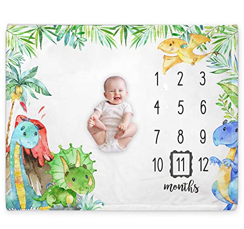 Image of Popfavors Dinosaur Baby Monthly Milestone Blanket,Dinosaur Baby Growth Chart Milestone Blanket,Newborn Month Blanket for Boy and Girl,Includes Marker (50 inch x40 inch )