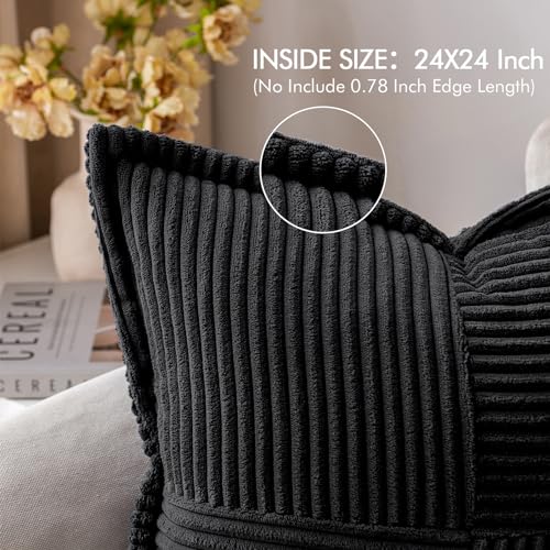 Image of MIULEE Black Corduroy Decorative Euro Sham Pillow Covers 24x24 Inch with Splicing Set of 2 Soft Boho Pillow Covers Broadside Textured Pillowcases for Halloween Couch Bed Livingroom