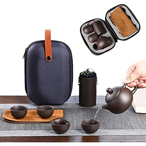 Chinese Kungfu Teapot Cup Set 6Pack Travel Ceramic Tea Sets for adults, Purple Clay Tea pot 4 Teacups Canister in One Portable Bag for Outdoor Picnic Business, Christmas Tea Gift Sets (zisha) Cover