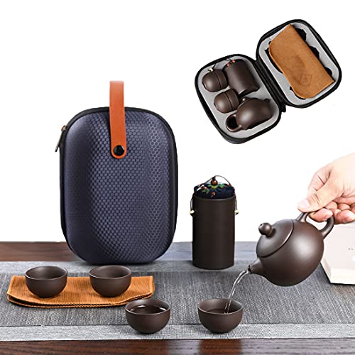 Zisha Travel Tea Sets 6 Pack Portable Chinese Kungfu Tea Set Ceramic Teapot Sets For Adults, Purple Clay Tea Pot 4 Teacups Canister In One Bag For Outdoor Picnic Business, Christmas Gift Tea Sets #TOP26