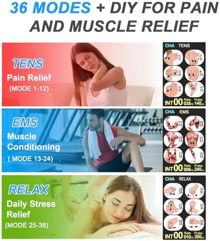 TENS EMS 유닛 근육 자극기 통증 완화 치료용 - 4 in 1 TENS EMS 릴렉스 맞춤형 주파수+펄스 - 근육 마사지기 36가지 모드 20가지 강도, 메모리 및 즐겨찾기 기능, 9.7cm(3.8인치) 컬러 디스플레이 - 그레이 — 사진 2
