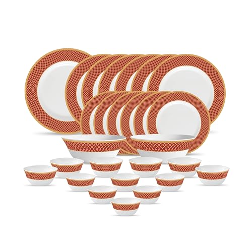 Image of La Opala Diva Sovrana Collection Opal Glass Crockery | for Family of 6 | Dinner Set 27 pcs Regent Red | Plates & Bowls for Dining | Microwave Safe | 100% Vegetarian | Extra Strong | Light & White