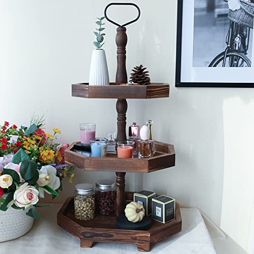 3 Tiered Decorative Tray, Wood Serving Tray, Wooden Farmhouse Dessert Cupcake Stand, Wood Home Country Decor Tray, Table Fall Kitchen Decor Rustic Black Table Three Tier Tall Tray 26.8"X15.5" #TOP3