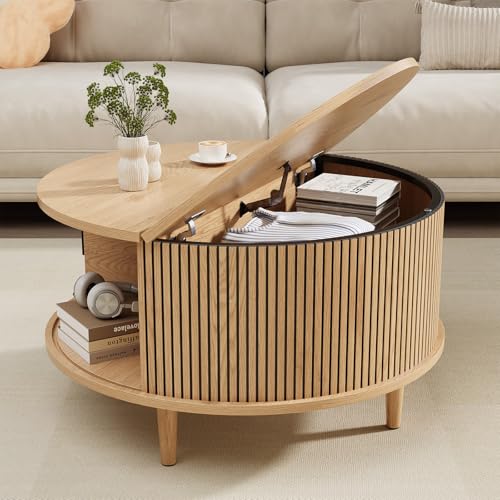 Image of Round Coffee Table with Storage, Mid Century Modern Coffee Table, Fluted Dining Table with Sliding Door, Circle Coffee Table for Living Room Home Office, 31.5 inch, Oak