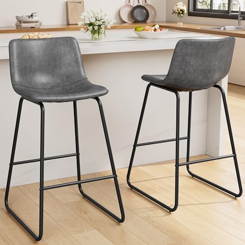 Image of REONEY Bar Stools Set of 2, 26 inch PU Leather Counter Height Barstool, Grey