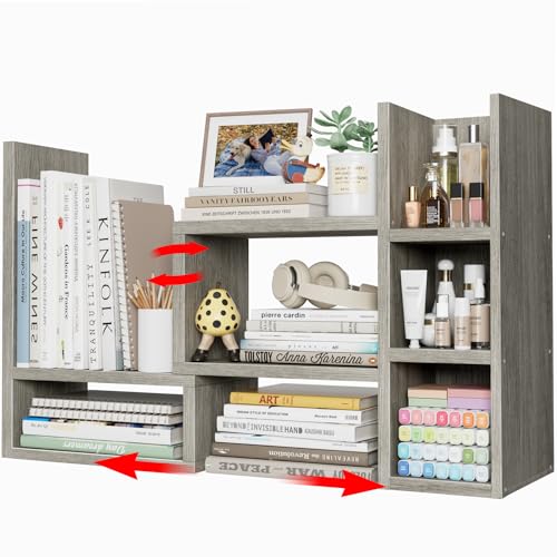 NUTIKAS Desk Shelves Desktop Organizer Shlef - Grey Office Organization for Top of Desk Organizers and Accessories Corner Bookshelf Table Top Shelving Small Hutch Decorations for Office