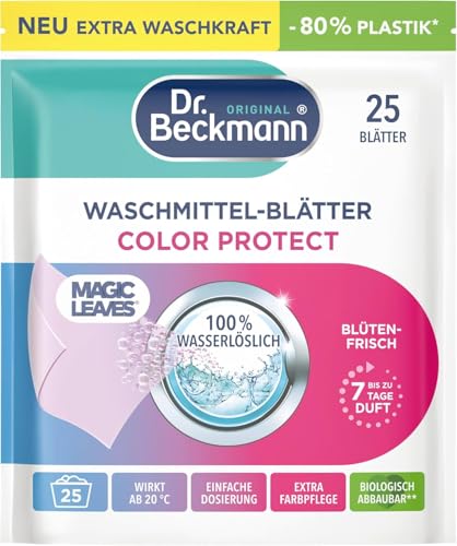 Dr. Beckmann MAGIC LEAVES Waschmittel-Blätter COLOR | vordosierte & wasserlösliche Waschblätter | platzsparend und leicht anzuwenden | 25 Blätter