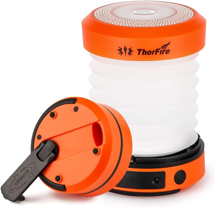 ThorFire Hand Crank Powered and USB Rechargeable 2-in-1 Portable LED Collapsible Camping Lantern – Orange