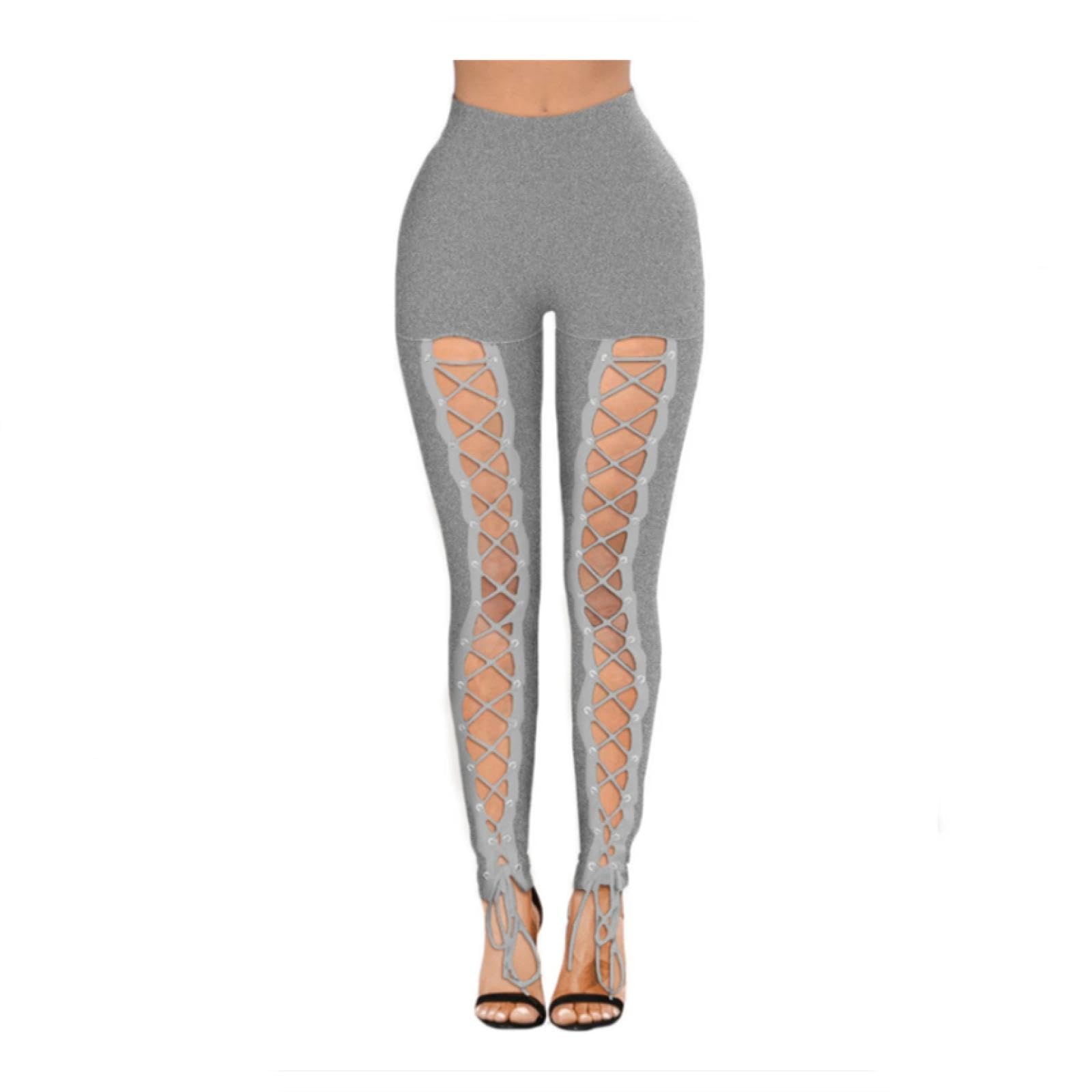 Leggings Damen Hose Graue Sexy Neun-Punkt-Hosen Einfarbig Mode Zweireihige Corns Strap Tight Leggings Frauen
