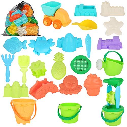 LYLYFAN Beach Sand Toys Set,24pcs Beach Sand Toys for Kids Outdoor Sandbox Toys Set Includes Sand Water Wheel,Sand Bucket,Shovel, Models& Molds,Sand Castle Toys for Beach with Carrying Bag