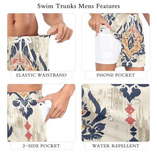 Mens Swim Trunks with Liner, Vintage Ikat Pattern Cool Quick Dry Beach Swim Shorts, Swimwear Bathing Suits S3