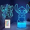 Veilleuse Stitch - Lampe LED 3D télécommande intelligente Anime 16 couleurs,avec 2 personnages interchangeables, Minuterie,Cadeau fans Stitch,décoration chambre enfants,Cadeaux de Noël d'anniversaire