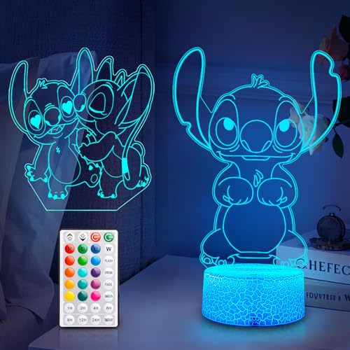 Luz noturna Stitch: (com 2 personagens intercambiáveis), Candeeiro temporizador LED 3D 16 cores comando à distância inteligente, presente Stitch, decoração de quartos de crianças, presentes de
