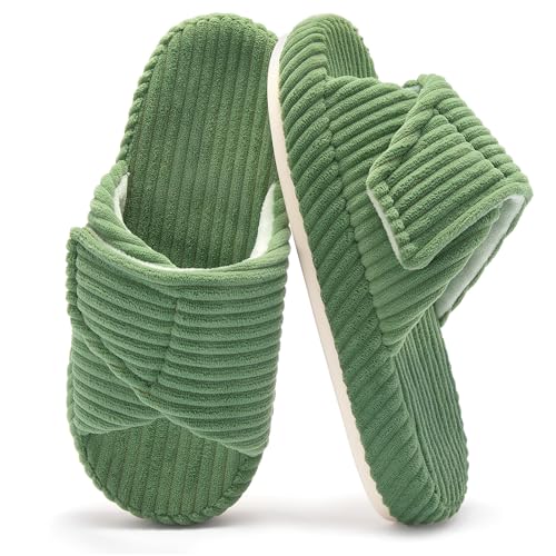 Brelzo Calvior House Slippers for Women Adjustable Indoor Open Toe Memory Foam Corduroy Non-slip Bedroom Shoes, Green, 8-9