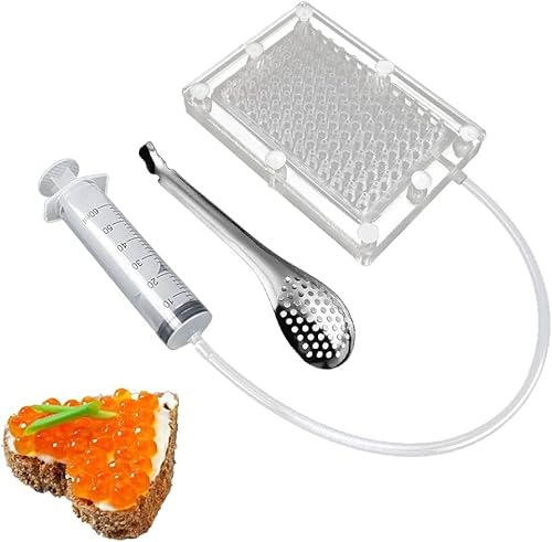 Caviar Maker Box, Spherification Dropper | Molecular Gastronomy Kit | 96 Holes Roe Sauce Dispenser Strainer Tools with Spoon