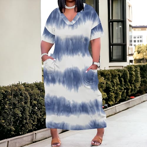 Image of Women Casual T-Shirt Dress V Neck Short Sleeve Solid Color Oversize Dress with Front Two Pockets