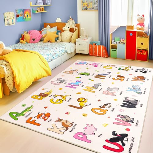Kids Rugs for Playroom, 3x4 Feet Educational Rug for Learn The ABC Alphabet, Soft Machine Washable Non-Slip Cute Cartoon Animals Carpet for Classroom Toddler Nursery Kids Room Decor, Beige