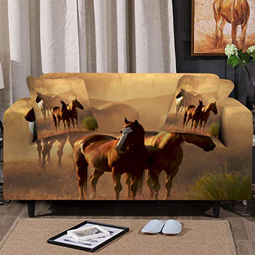 Sleepwish Wild Animal Stretch Sofa Slipcovers, 3 Cushion Couch, Loveseat Or Arm Chair Slipcover Furniture Cover Cushion Sofa Slipcovers With 2 Free Couch Pillow Covers(Loveseat, Gold Sunset Horses) #TOP14