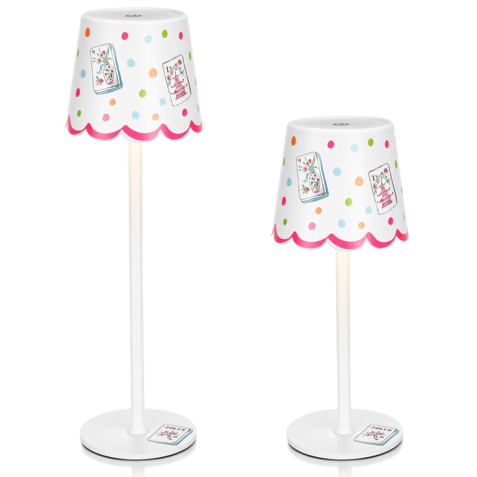 Pickmesh Mahjong Cordless Lamp Scalloped Edge Mahjong Print LED Table Lamp 3 Color Dimmable Rechargeable Modern Lamps for Mah Jong Table Living Room Nightstand Desk (1 Pack,Sweet)