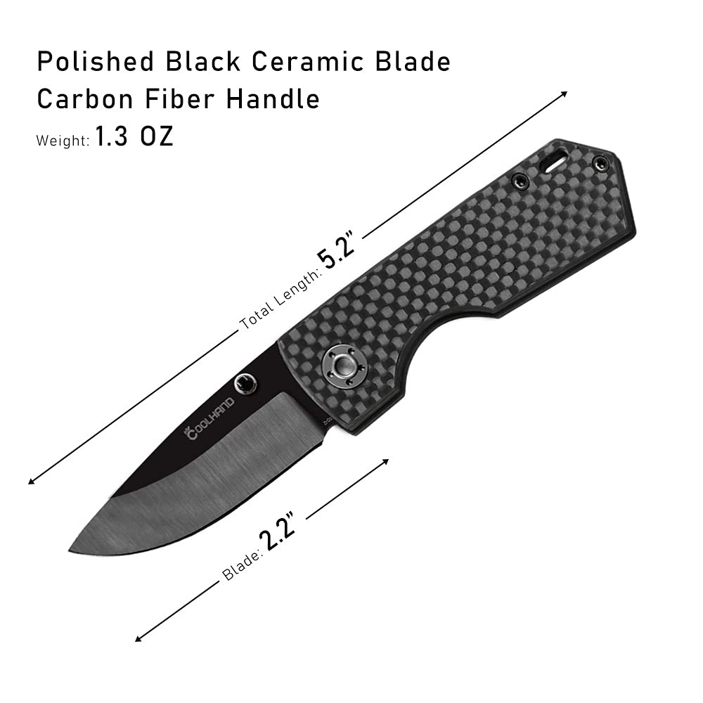 Cool Hand 5.2'' Carbon Fiber Folding Knife, 2'' Polished Black Mirror Ceramic Blade, EDC Foldable Pocket Knife, Liner Lock, 1.5 OZ Light Wight, Ambi Thumb Stud