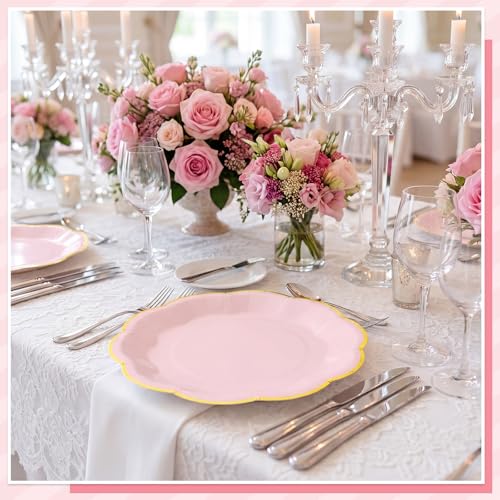 Image of NatNarr 30 Pcs Pink Plates with Gold Trim 9 Inch Pink and Gold Party Plates Scalloped Dinner Plate Disposable for Baby Shower, Wedding, Birthday, Bridal shower