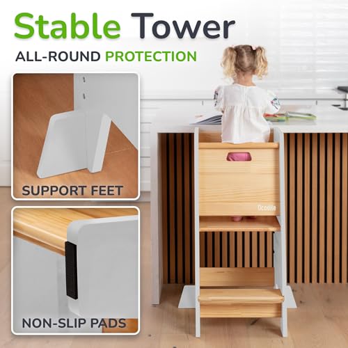 Toddler Tower with a Sliding Door and 3 Adjustable Heights - Complete Toddler Kitchen Stool Helper with Support Feet - Safe Design for 18+ Months to 6-Year-Old Kids - White
