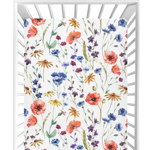 Image of CaTaKu Crib Sheets for Girls & Boys - Wildflowers Poppy Baby Sheets, Neutral Toddler Mini Crib Mattress Sheets Fitted for Nursery Bed, 27 inchx 39 inch