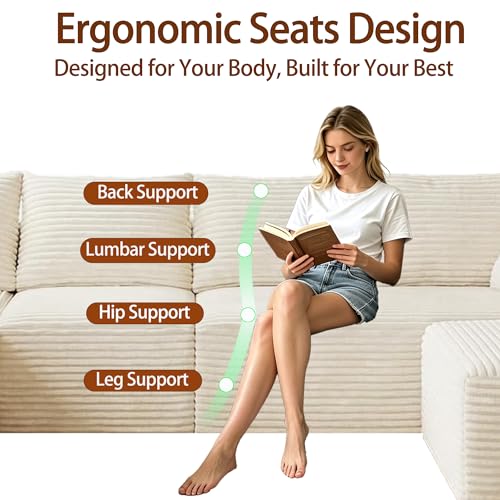 Image of 93 inch U-Shaped Boneless Couch, Corduroy Cloud Couch Sectional with Chaise and Ottoman, Deep Seat Modular Sectional Sofas for Living Room, No Assembly - Beige (Right Facing Chaise)
